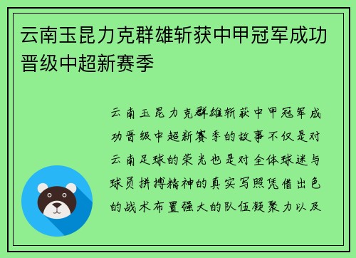 云南玉昆力克群雄斩获中甲冠军成功晋级中超新赛季